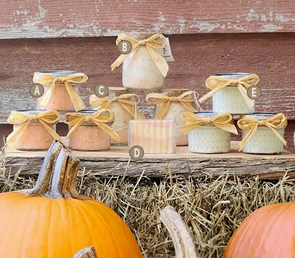 Autumn-Bouquet-600x525-product-lettering Autumn Bouquet scent line with alphanumeric notation for each product.