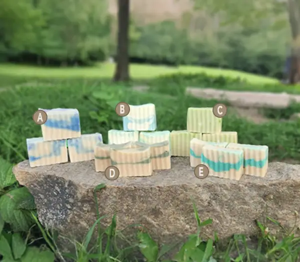 Mens Goat Milk Soap with alphanumeric notation for each product.